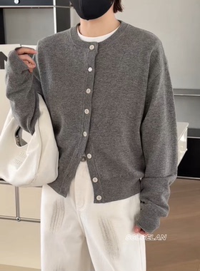 61225诗歌兰欧货女装2026早春款 百搭灰色圆领开衫针织衫毛衣女