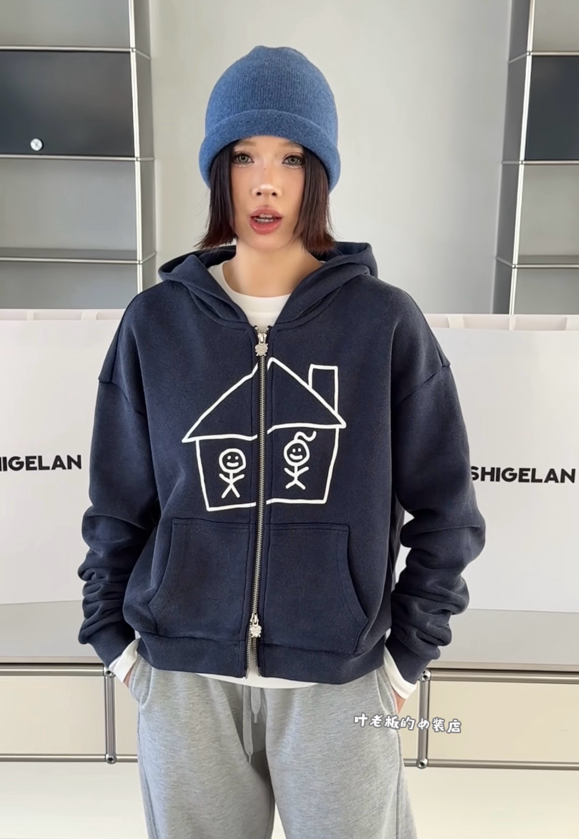C58834卡通卫衣 诗歌兰厂货女装26秋款 气质深蓝色连帽火柴人卫衣