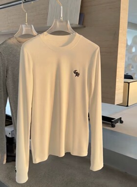 Z97诗歌兰2024冬款 时尚百搭黑色螺纹打底衫刺绣花朵字母T恤女