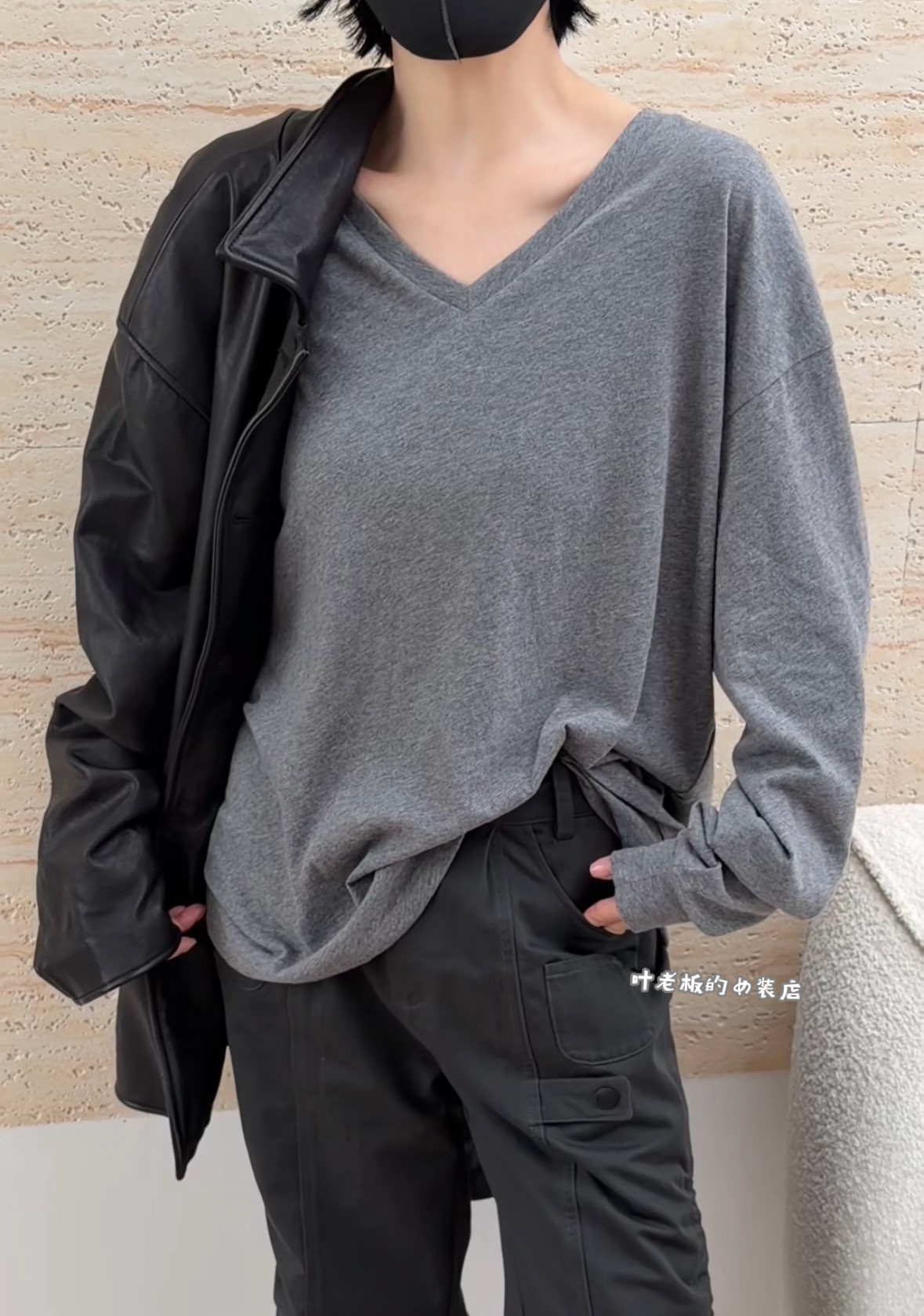C58795长袖T恤 诗歌兰厂货女装26秋款气质深灰色V领长袖打底衫女