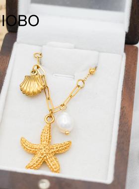 欧美ins风个性轻奢钛钢海星搭配珍珠吊坠项链18k金气质高级感配饰