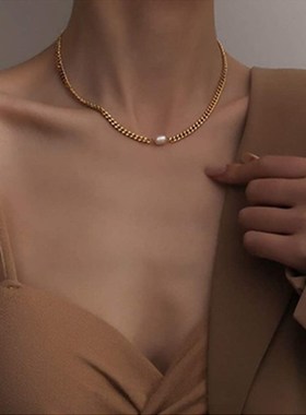 法式钛钢天然淡水珍珠锁骨链女