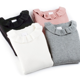 女童针织打底衫 秋冬季 儿童女宝黑色白娃娃翻领弹力套头长袖毛衣