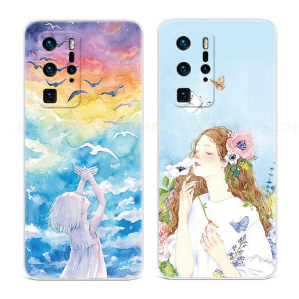 插画女孩适用于华为p20手机壳p40p60pro文艺p9p10plus冷淡风+软胶
