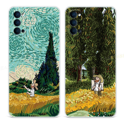 复古油画9适用oppo reno6手机壳8 5pro+7法式z文艺4se梵高3k软套2