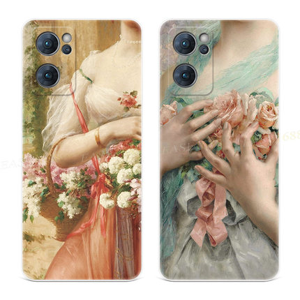 鲜花少女油画9适用oppo Reno7手机壳8pro+6文艺4se甜美5k唯美3元气版2z女款Ace软十