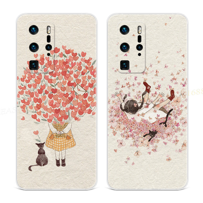 复古插画适用于华为p60手机壳p40p20p10p9少女心plus可爱pro+猫咪