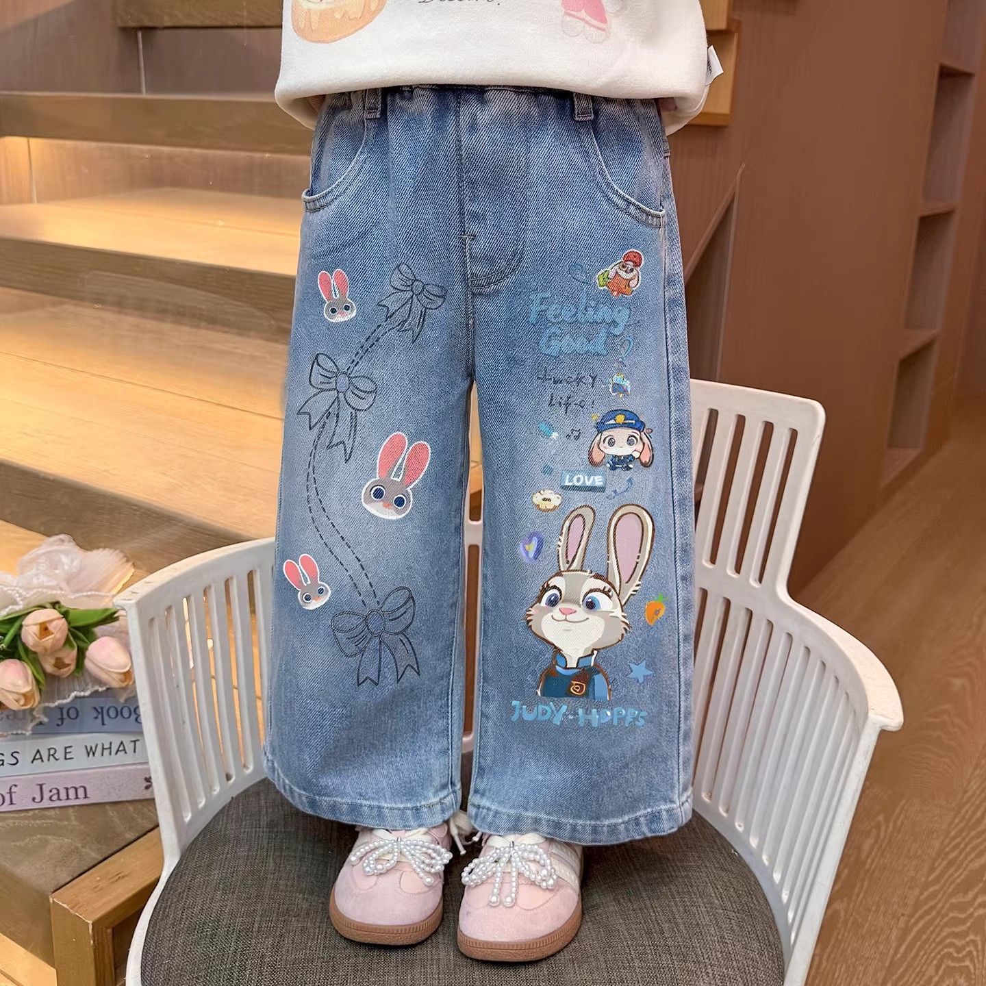 御贝佳女童春秋阔腿牛仔长裤新款