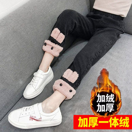 童装女童加绒牛仔裤加厚冬季中大童一体绒宝宝冬装儿童保暖棉裤子