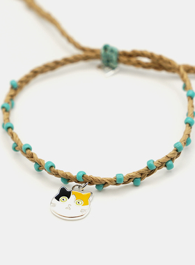 THISNESS纯银三花猫竹纸绳编织幸运手绳