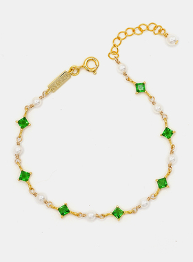 THISNESS 圣诞特辑 菱形锆石纯银镀金镶嵌贝珠手链祖母绿宝石蓝