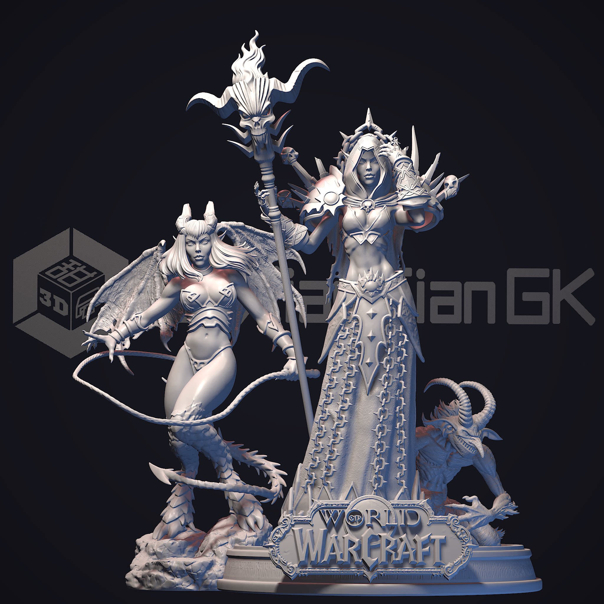 魔兽世界 女术士 召唤 魅魔 恶魔小鬼 地狱火 GK白模涂装练手摆件