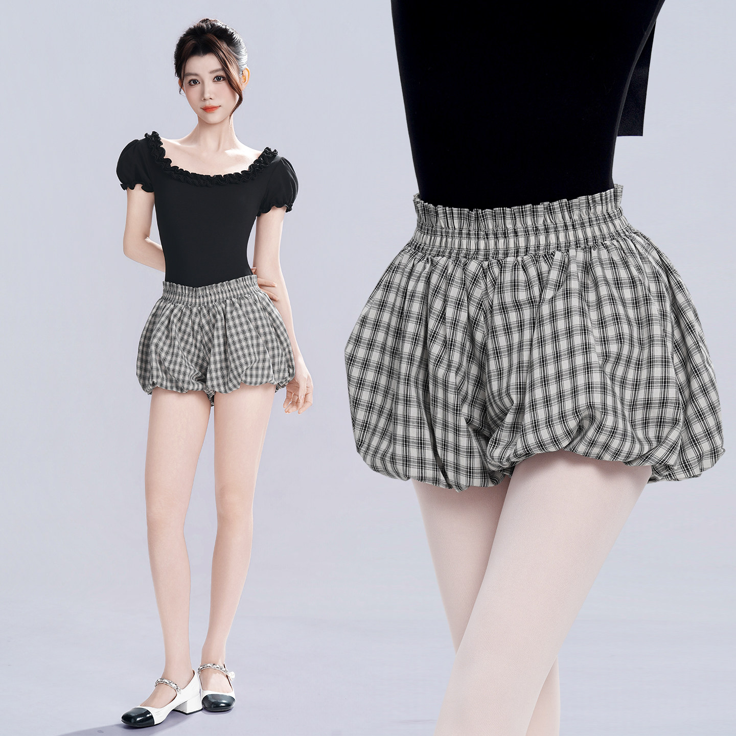 成人舞蹈复古黑白格子短裤花苞裤气质现代跳舞宽松灯笼裤练功裤子