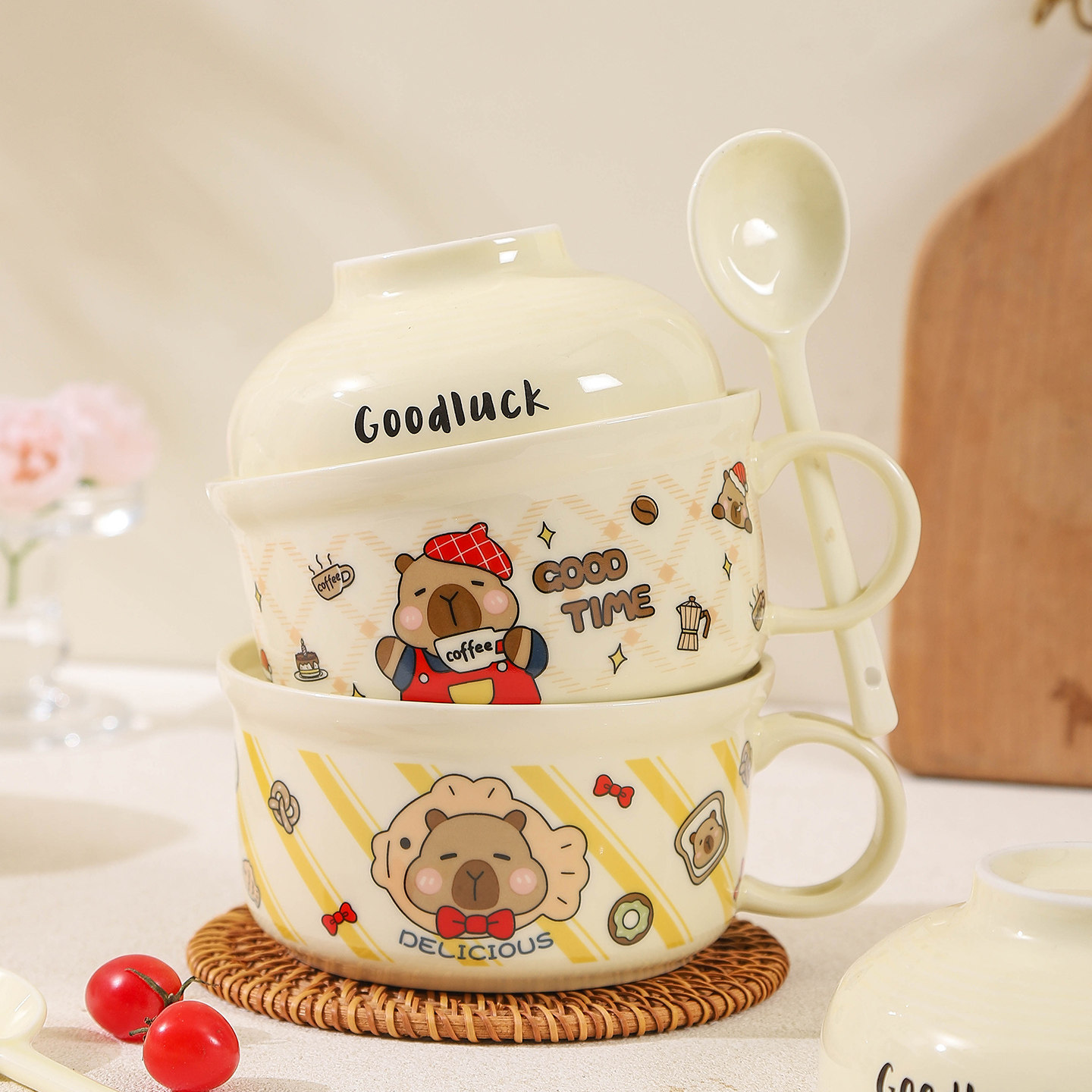 陶瓷泡面碗带盖大容量手柄碗宿舍用学生饭碗个人专用上班碗筷套装,餐饮具,泡面碗,淘宝优惠券,粉丝福利购,淘宝优惠卷