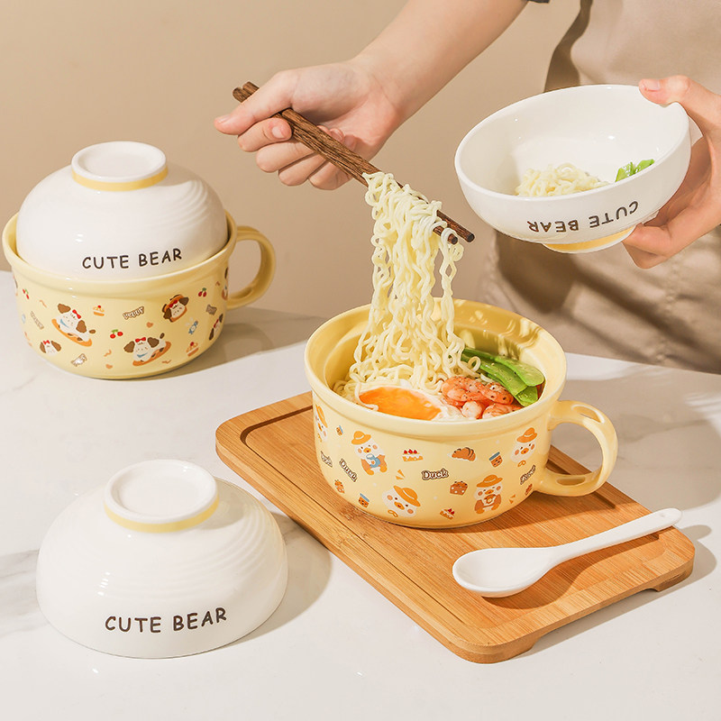泡面碗带盖家用陶瓷方便面碗宿舍用学生泡面杯食堂打饭碗专用碗