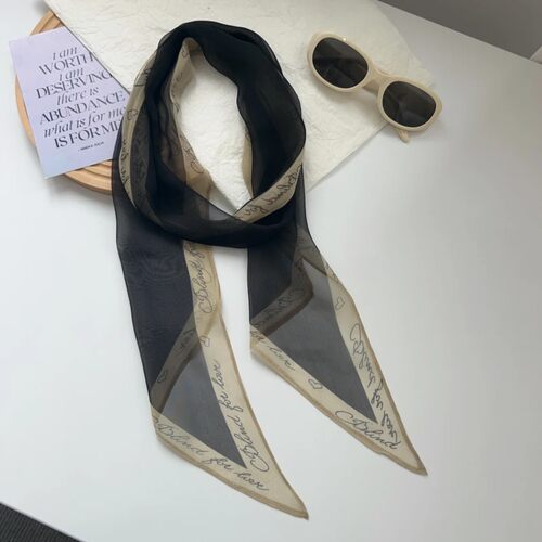 法式黑金乔其长巾飘带气质丝巾