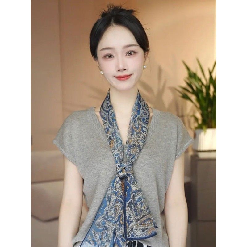 2026夏季新款丝巾女薄款西丽纱长条30*135左右精致飘带蓝色腰果花图片
