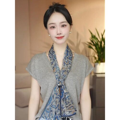 2026夏季新款丝巾女薄款西丽纱长条30*135左右精致飘带蓝色腰果花
