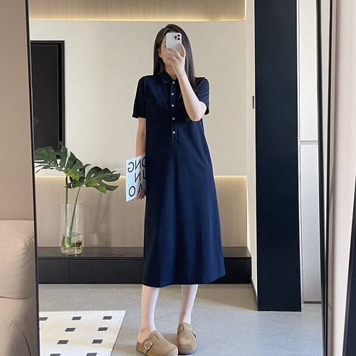 Polo领藏青连衣裙女复古休闲宽松A字裙通勤气质中长款裙子夏显瘦