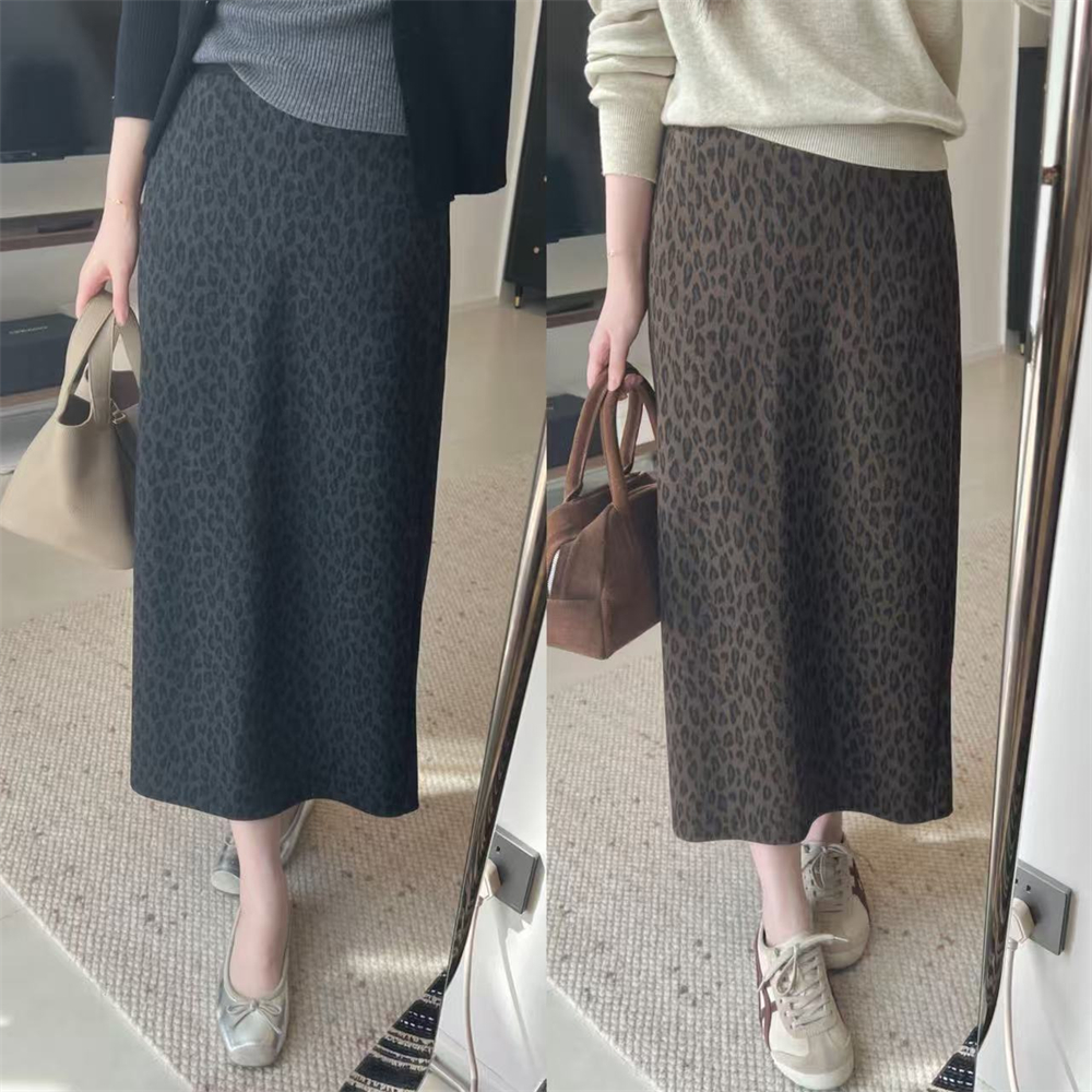 Lpants豹纹印花半身裙女2025秋冬新款复古时尚百搭松紧腰显瘦长裙