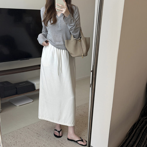 2026夏极简亚麻风半身裙女松紧腰抽绳中长款显瘦垂感直筒裙简约白