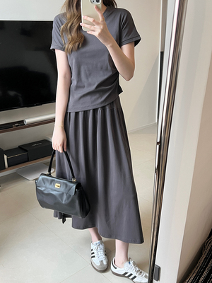 Lpants休闲T恤套装裙女夏韩系穿搭一整套高腰显瘦简约长裙两件套