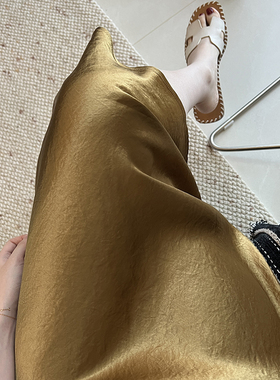 Lpants醋酸半身裙女缎感夏新复古气质高腰显瘦百搭中长款a字伞裙