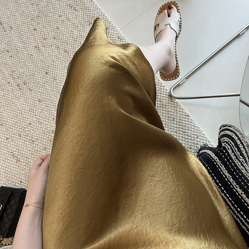 Lpants醋酸半身裙女缎感夏新复古气质高腰显瘦百搭中长款a字伞裙