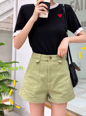 豆绿色短裤女春夏季新款外穿高腰显瘦宽松阔腿泫雅同款a字热裤潮