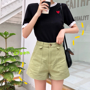 a字热裤 豆绿色短裤 外穿高腰显瘦宽松阔腿泫雅同款 新款 潮 女春夏季