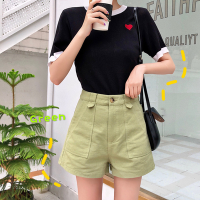 豆绿色新款高腰泫雅同款a字热裤