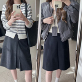 毛呢半身裙女秋冬新款 高腰显瘦百搭A字裙黑色中长款 miu风裙子