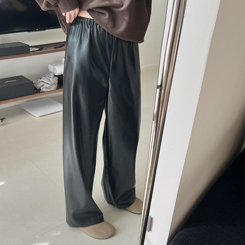 黑色PU皮加绒休闲裤女冬季韩版百搭显瘦宽松直筒阔腿裤拖地裤子