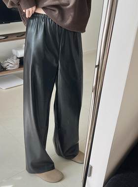 黑色PU皮加绒高腰阔腿裤