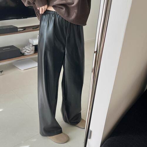 黑色PU皮加绒高腰阔腿裤