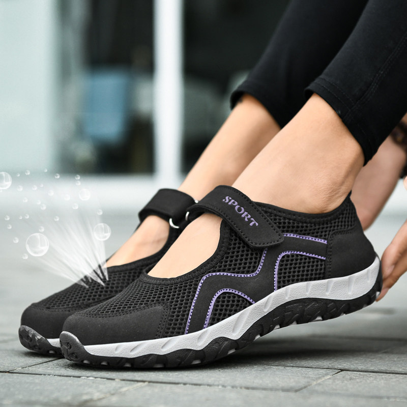 夏季女鞋跳舞鞋老年妈妈鞋老人鞋镂空网面休闲时尚软底透气运动鞋