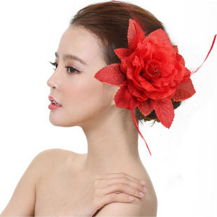 韩式新娘头饰玫瑰高档布艺羽毛发夹时尚饰品演出儿童手花红色头花