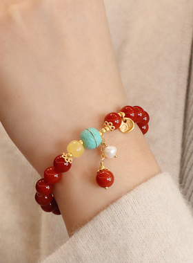 天然南红玛瑙手链女送闺蜜女友生日礼物和田玉葫芦小众设计手串