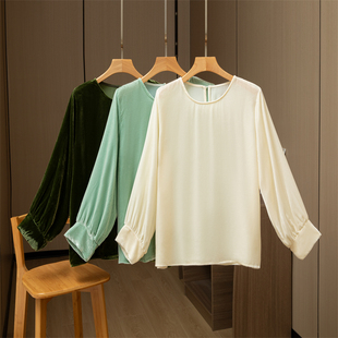 法式重磅真丝丝绒上衣女秋季薄款长袖宽松套头灯笼袖金丝绒衬衣