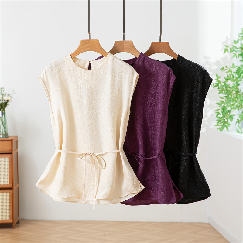 真丝桑蚕丝织金冠乐绉衬衫女士系带收腰肌理感气质上衣高级感小衫