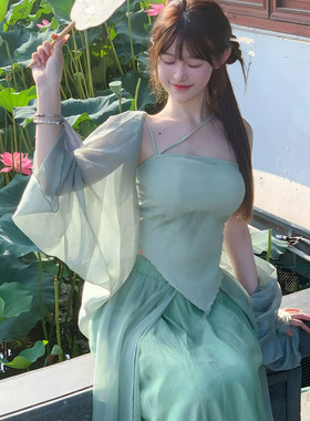 新中式女装改良汉服夏曼波风穿搭禅意汉元素清冷吊带半身裙三件套