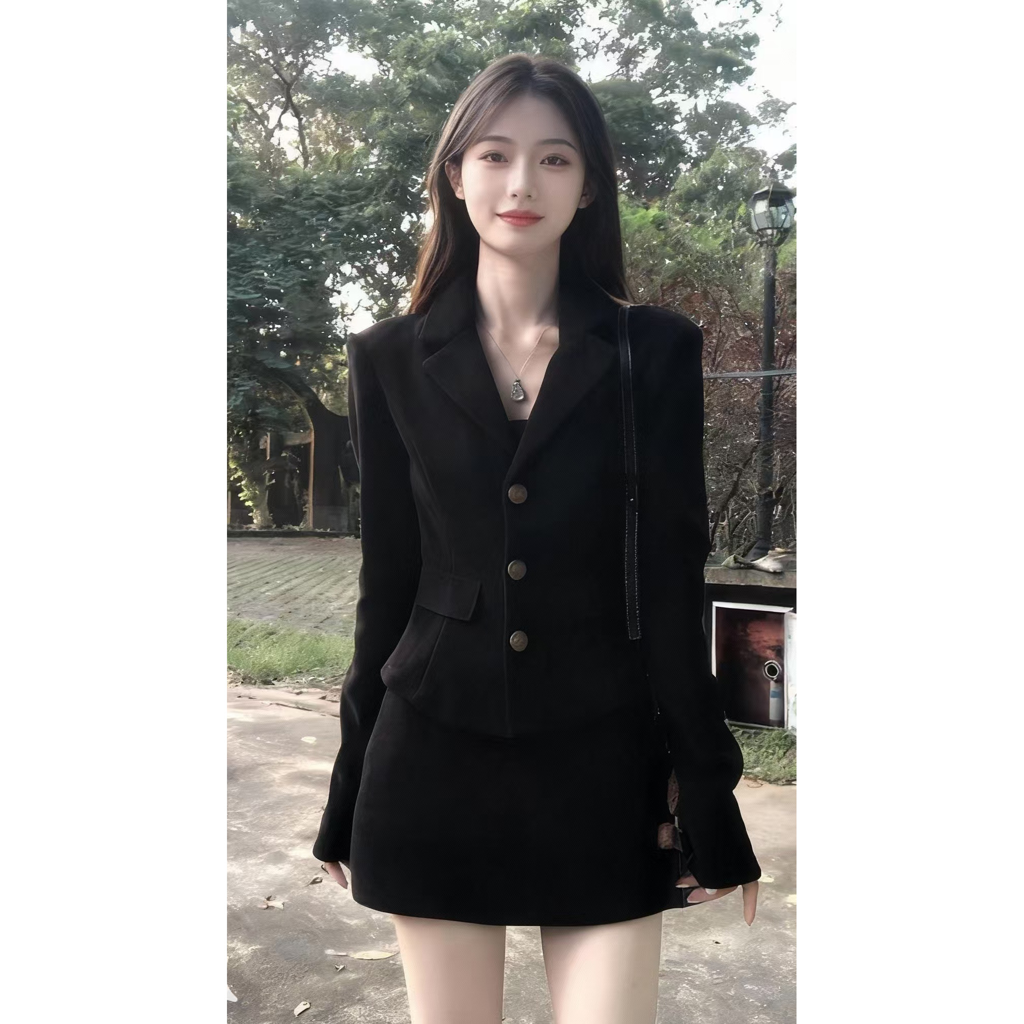 法式千金风黑色西装套装