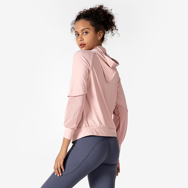 健身房运动上衣女修身显瘦套头帽衫长袖瑜伽服跑步连帽卫衣春罩衫