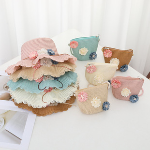 帽子儿童夏季新款草帽单肩包两件套花朵系绳波浪檐沙滩帽包包