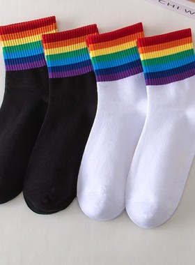 彩虹袜女中筒袜春夏季棉袜isn潮袜外穿长筒袜条纹运动袜黑色袜子