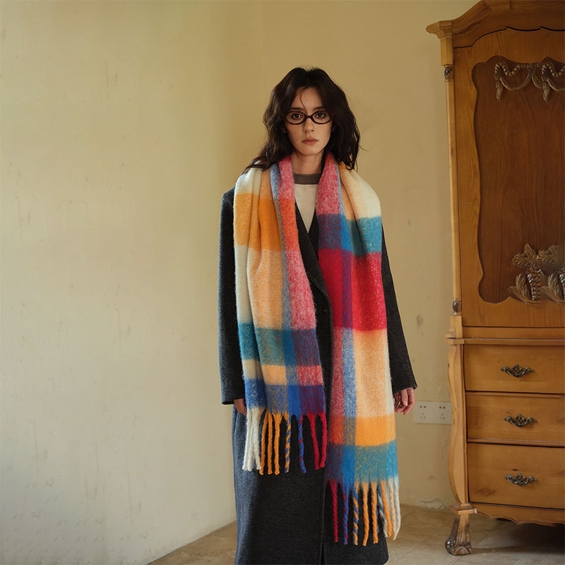 仿羊绒彩色条纹撞色柔软格子大