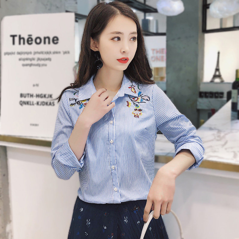 刺繡豎條紋女襯衫2019春裝新款韓版長袖繡花打底襯衣女上衣小衫在類目 女裝/女士精品, 襯衫中 - 來自Buy2taobao.com提供專業的淘寶代購服務