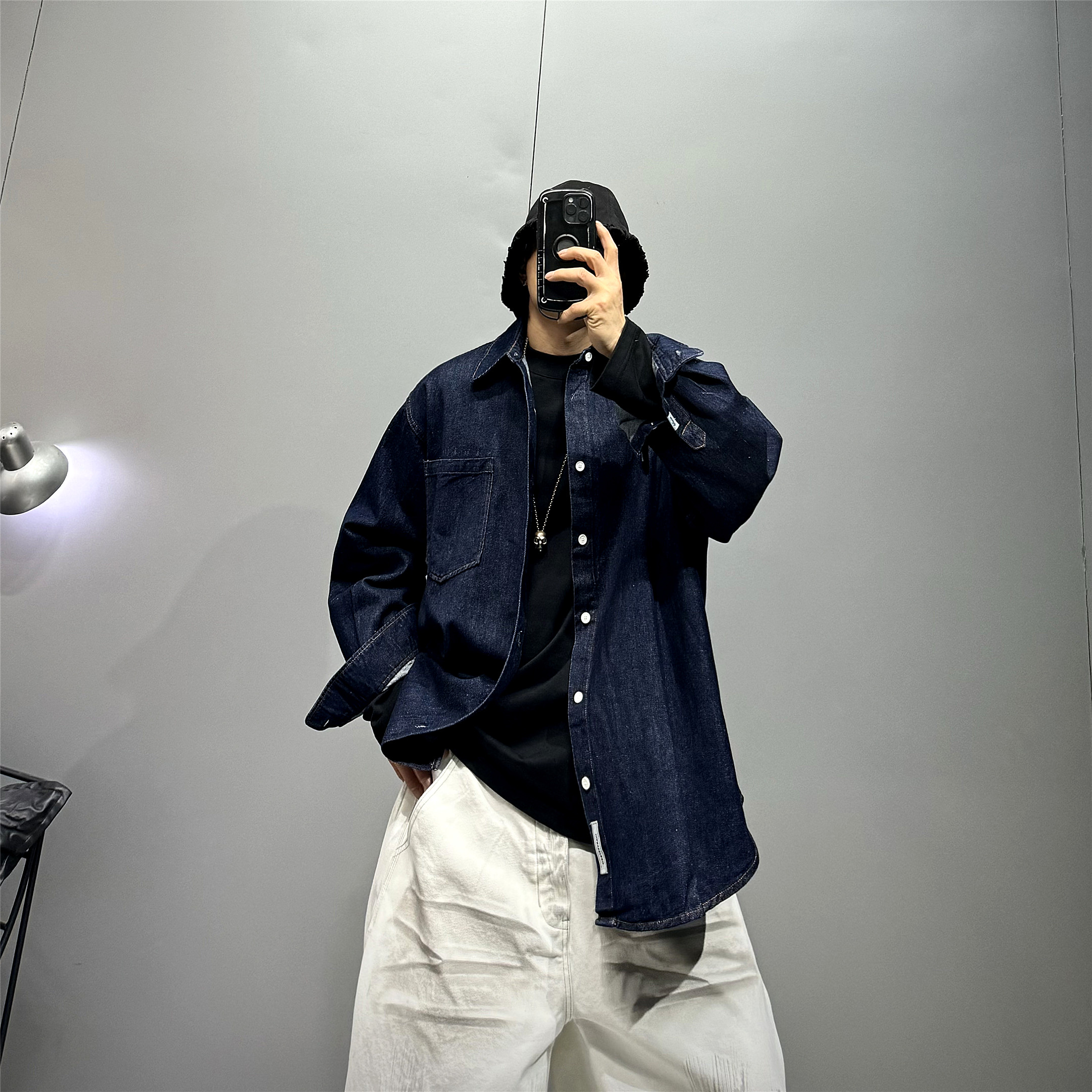 日系潮流廓形长袖牛仔衬衫男潮牌宽松深蓝色休闲外套2026新款上衣,男装,牛仔衬衫,淘宝优惠券,粉丝福利购,淘宝优惠卷