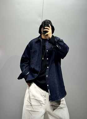 日系潮流廓形长袖牛仔衬衫男潮牌宽松深蓝色休闲外套2026新款上衣