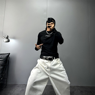 黑色痞帅高街美式修身长袖t恤男潮牌hiphop高弹力健身T运动打底衫